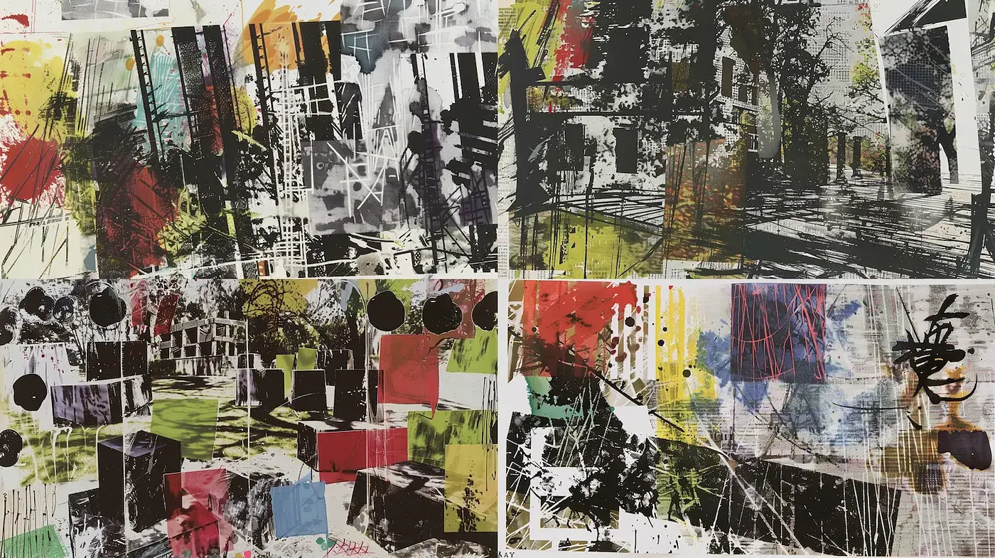 Cohesive Urban Abstract with Vibrant Textures and Energetic Compositions - Midjourney sref style