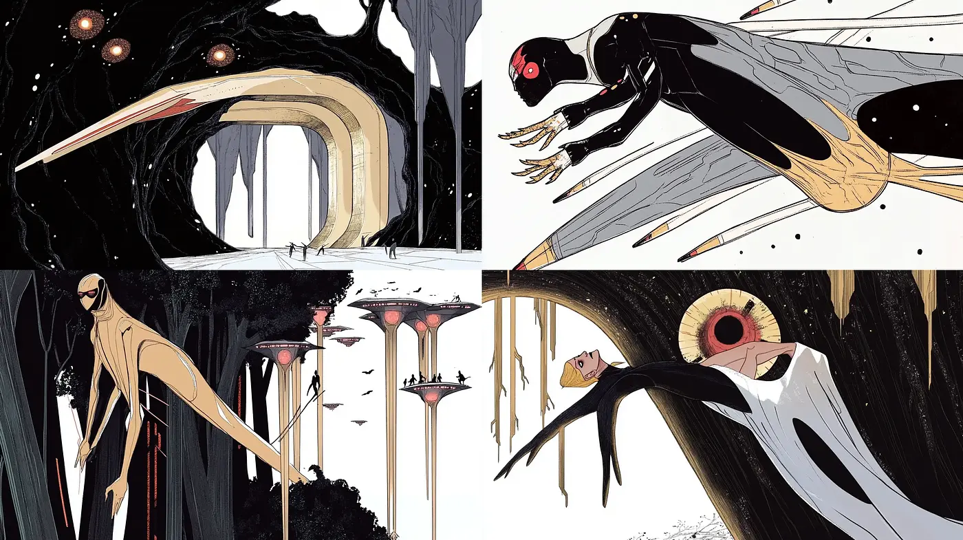 Ethereal Shadows and Contrasts: A Fusion of Ink Illustration and Surreal Artistry - Midjourney sref style