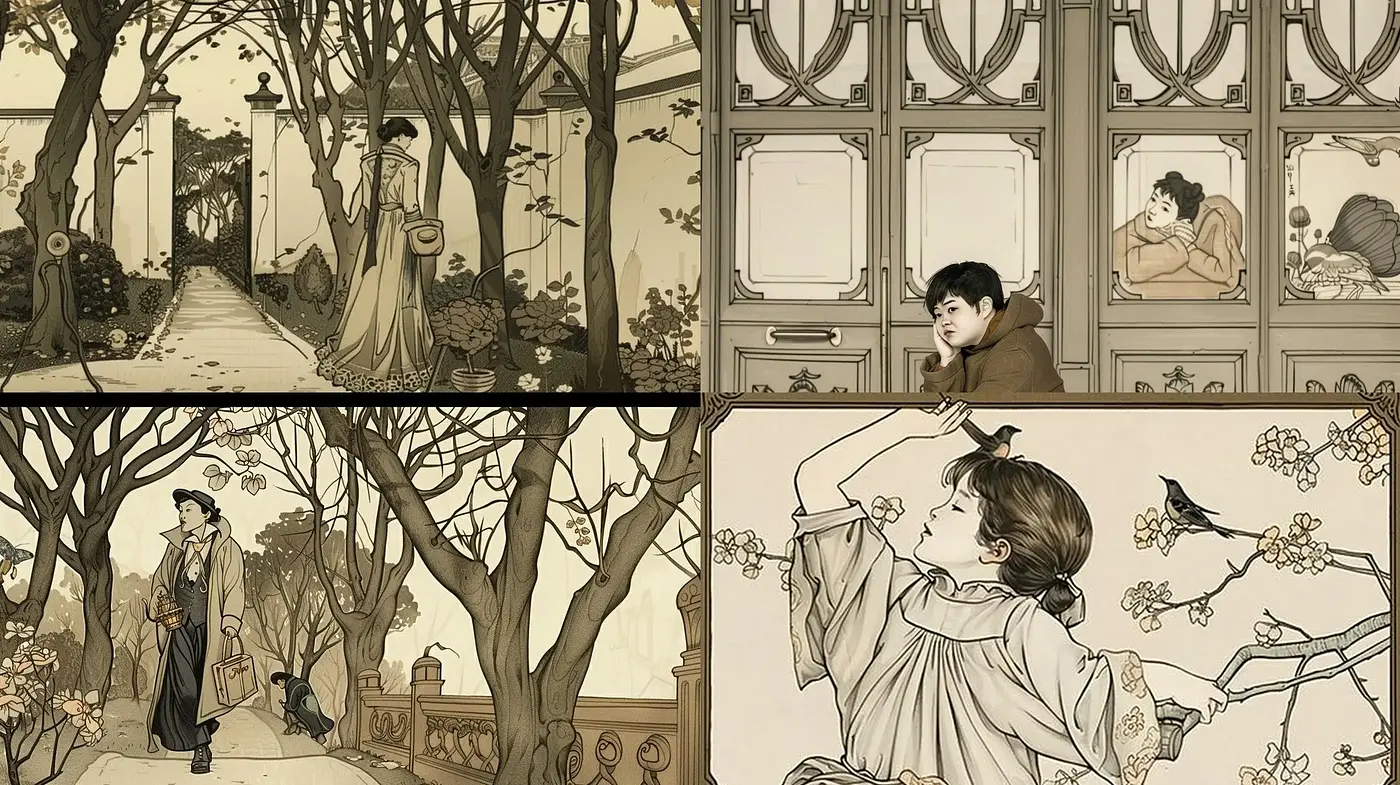 Sepia-Toned Illustrative Nostalgia with Storybook Elegance - Midjourney sref style