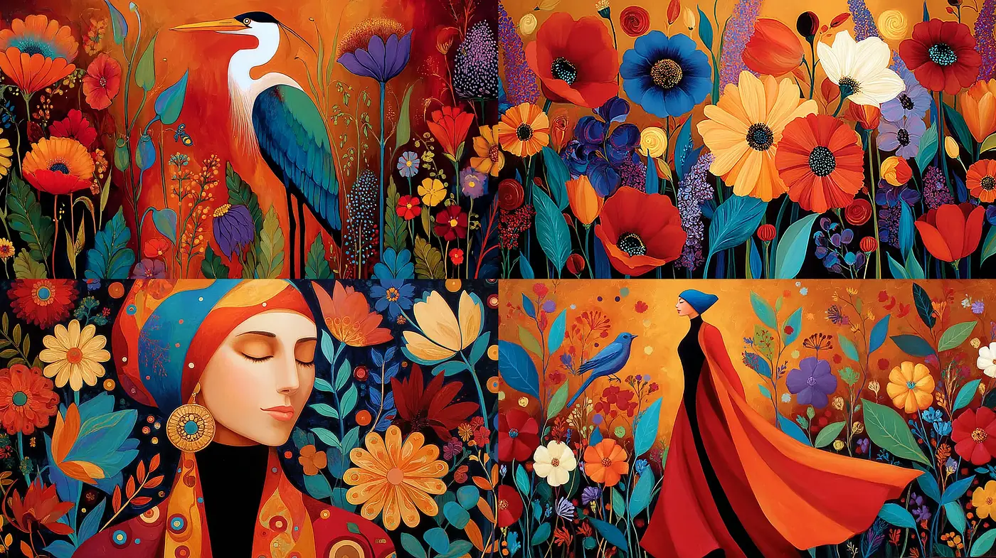 Vibrant floral compositions with a harmonious blend of colors and intricate patterns - Midjourney sref style