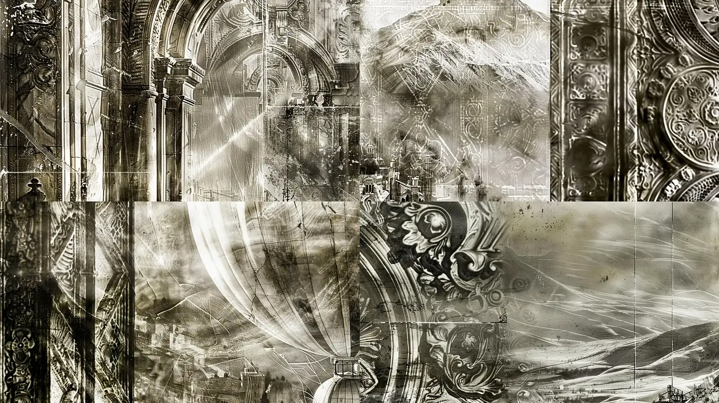 Ethereal Monochromatic Visions: A Blend of Architectural Grandeur and Abstract Dreamscapes - Midjourney sref style