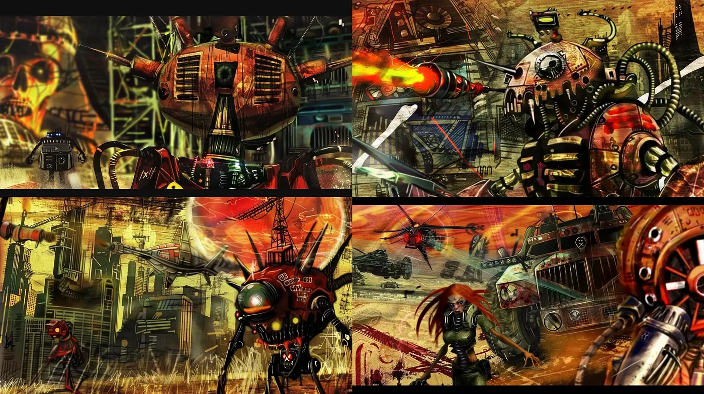Futuristic Dystopian Visions with a Retro Comic Book Aesthetic - Midjourney sref style