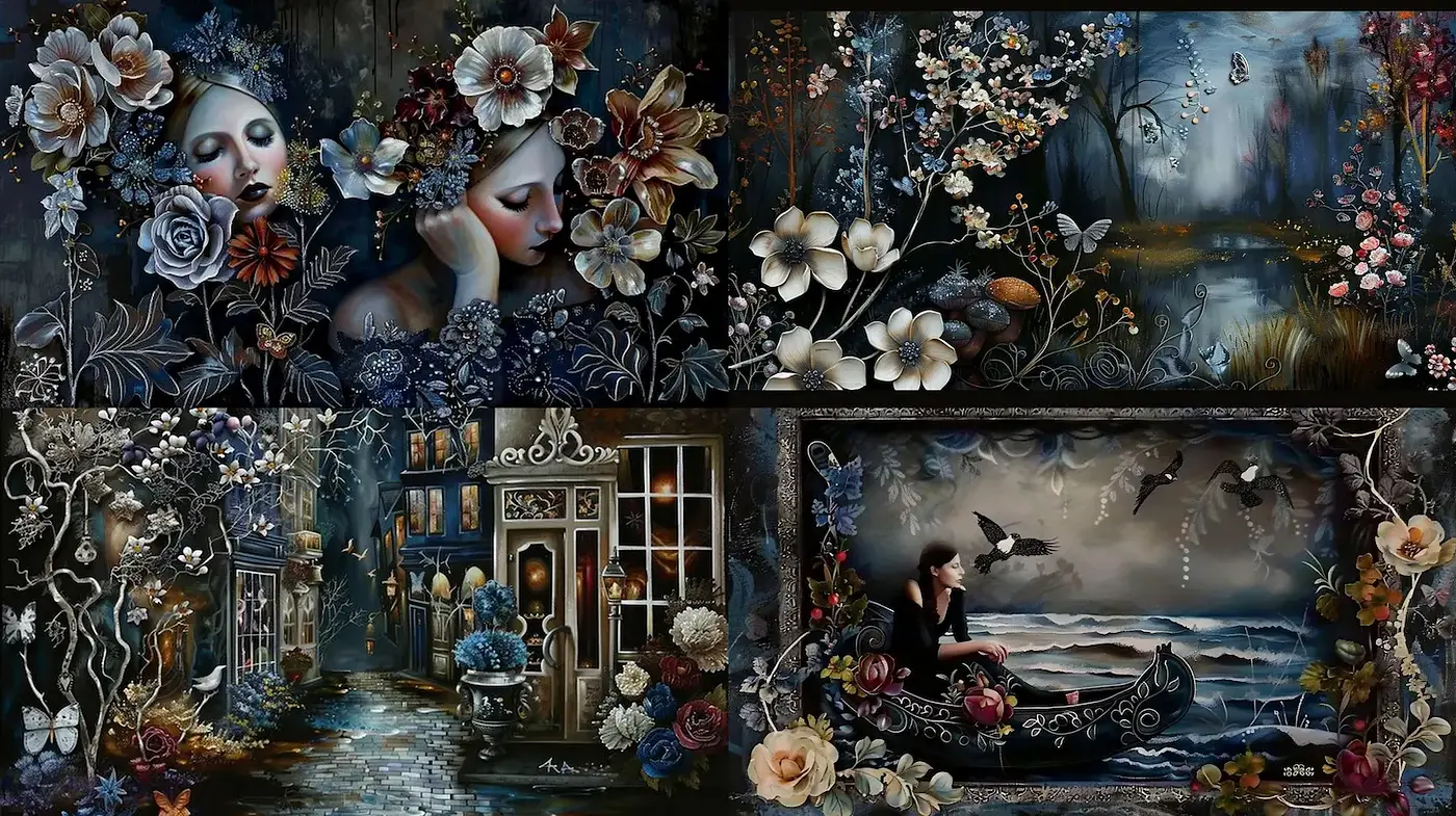 Whimsical and Ethereal Floral Noir Art with Mystical Elements - Midjourney sref style