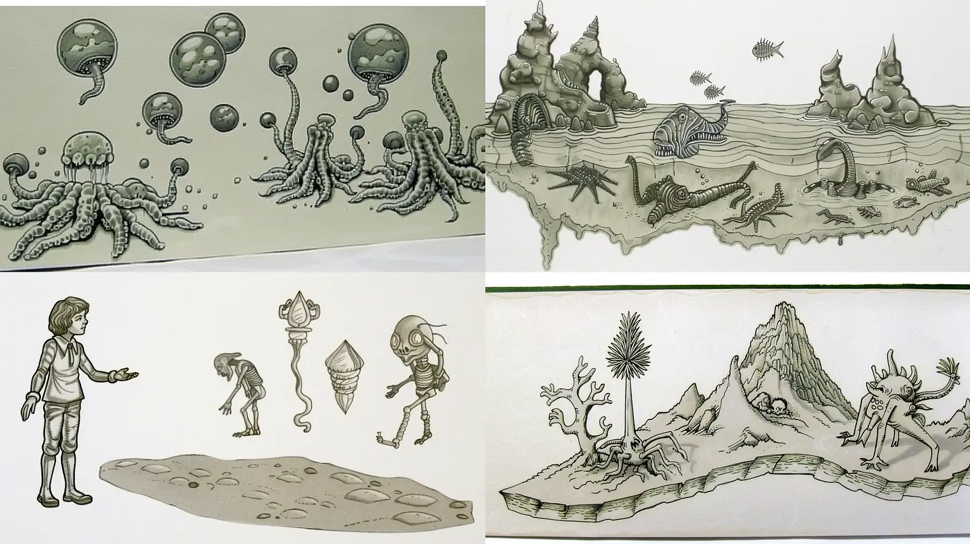 Whimsical Monochrome Storybook Illustrations - Midjourney sref style