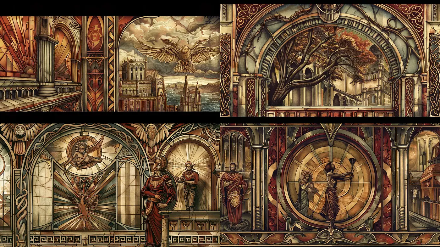 Neo-Gothic Digital Tapestry: A Fusion of Stained Glass Artistry and Steampunk Inspirations - Midjourney sref style