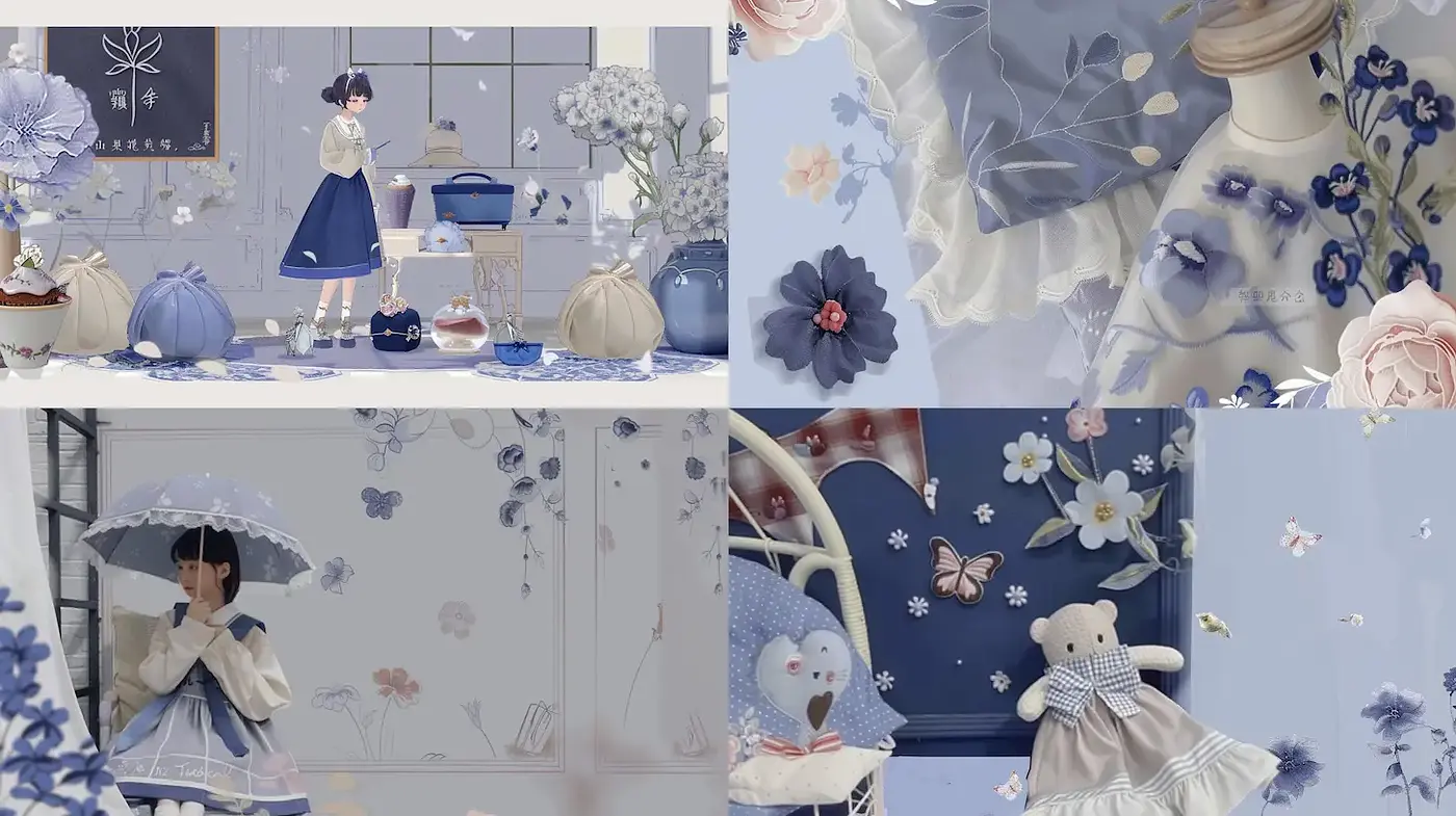 Soft and Harmonious Blue Tones with Floral Elements - Midjourney sref style