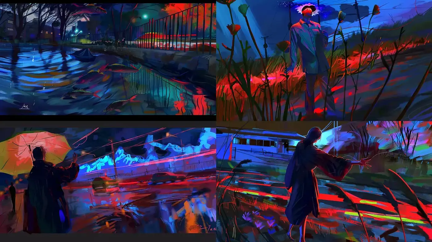 Nocturnal Symphony: A Vivid Blend of Neon and Brushwork - Midjourney sref style