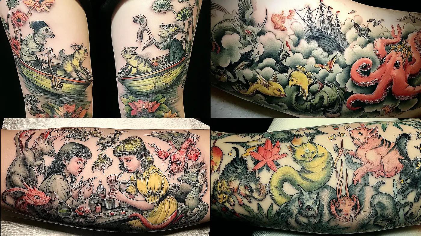 Whimsical and Intricate Illustrative Tattoo Art Featuring Nature and Mythical Elements - Midjourney sref style