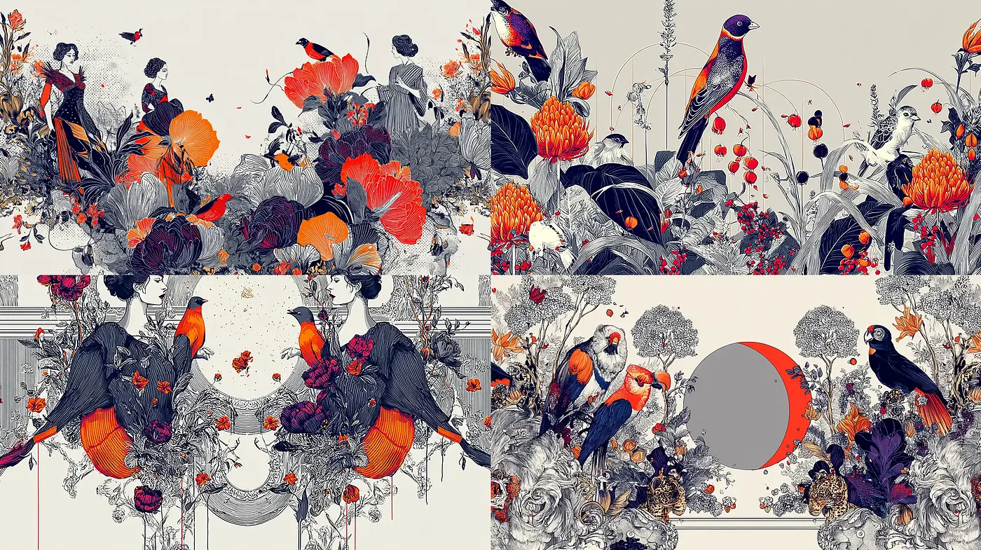 Intricate Floral and Avian Illustrations with a Touch of Surrealism - Midjourney sref style