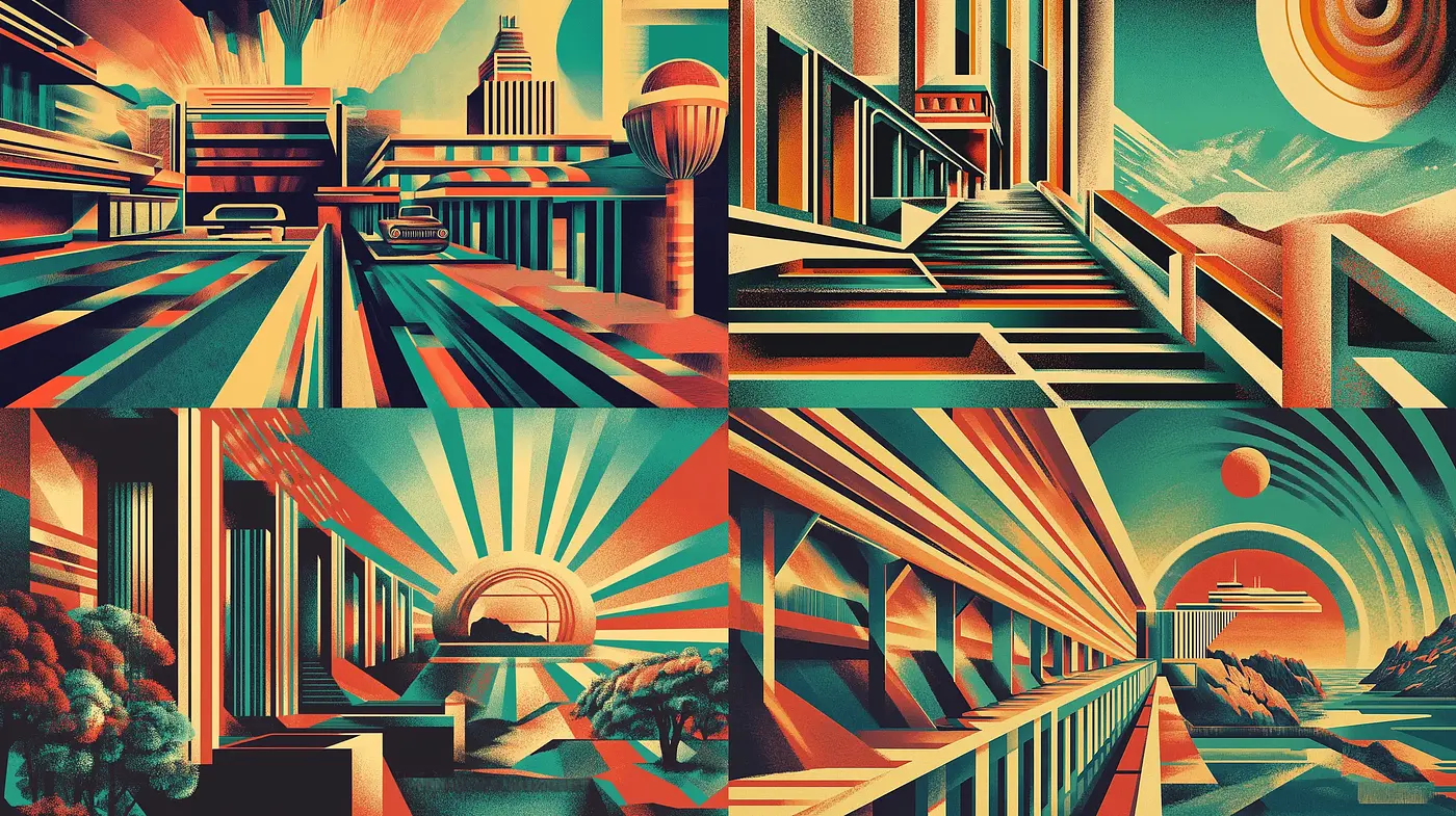 Retro-Futuristic Art Deco Visions in Warm Tonal Harmony - Midjourney sref style
