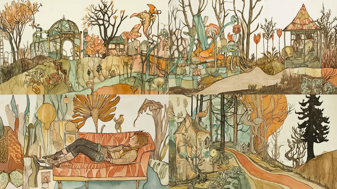 Whimsical Autumn Dreamscape: A Fusion of Storybook Illustration and Art Nouveau - Midjourney sref style