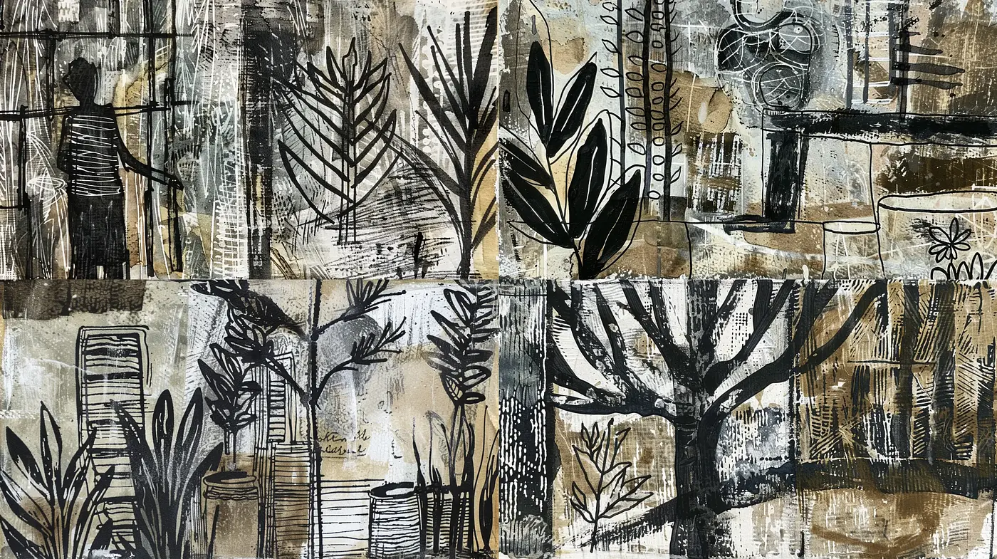 Abstract Natural Forms in Monochrome with Textured Overlays - Midjourney sref style