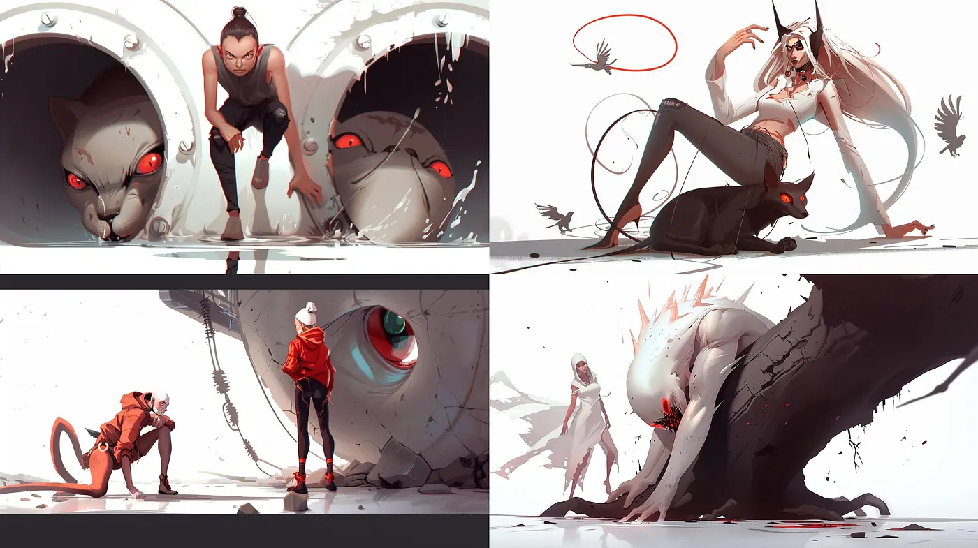 Surreal Myths in Crimson and Monochrome: A Contemporary Digital Art Style - Midjourney sref style