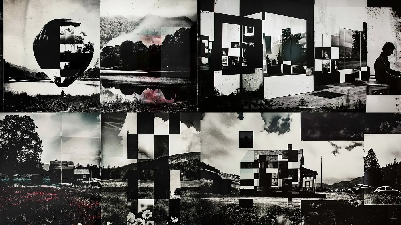 Monochromatic Architectural Montage with Surrealist Undertones - Midjourney sref style