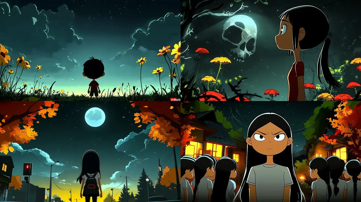 Moody Cartoon Nocturnes with Vivid Silhouettes and Bold Contrasts - Midjourney sref style