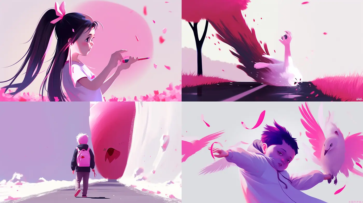 Whimsical Pink-Hued Dreamscape: A Fusion of Anime Influence and Stylized Digital Art - Midjourney sref style