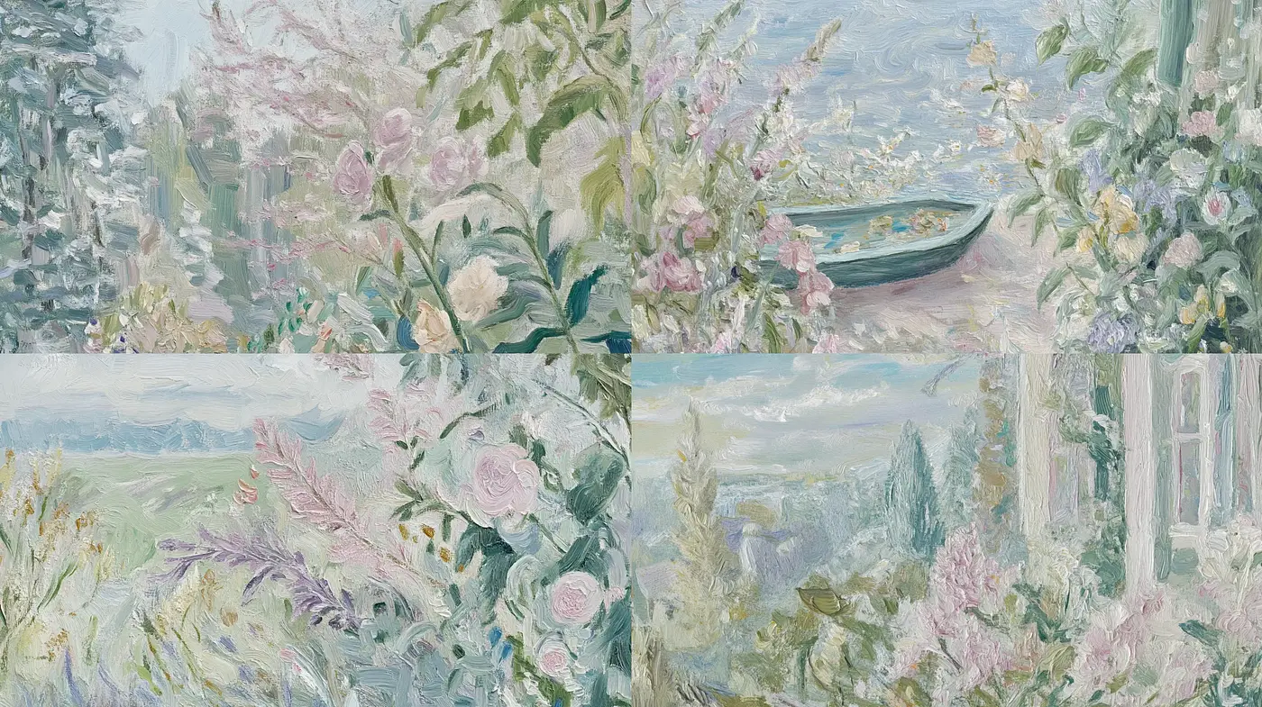 Serene Impressions of Nature in Pastel Hues - Midjourney sref style