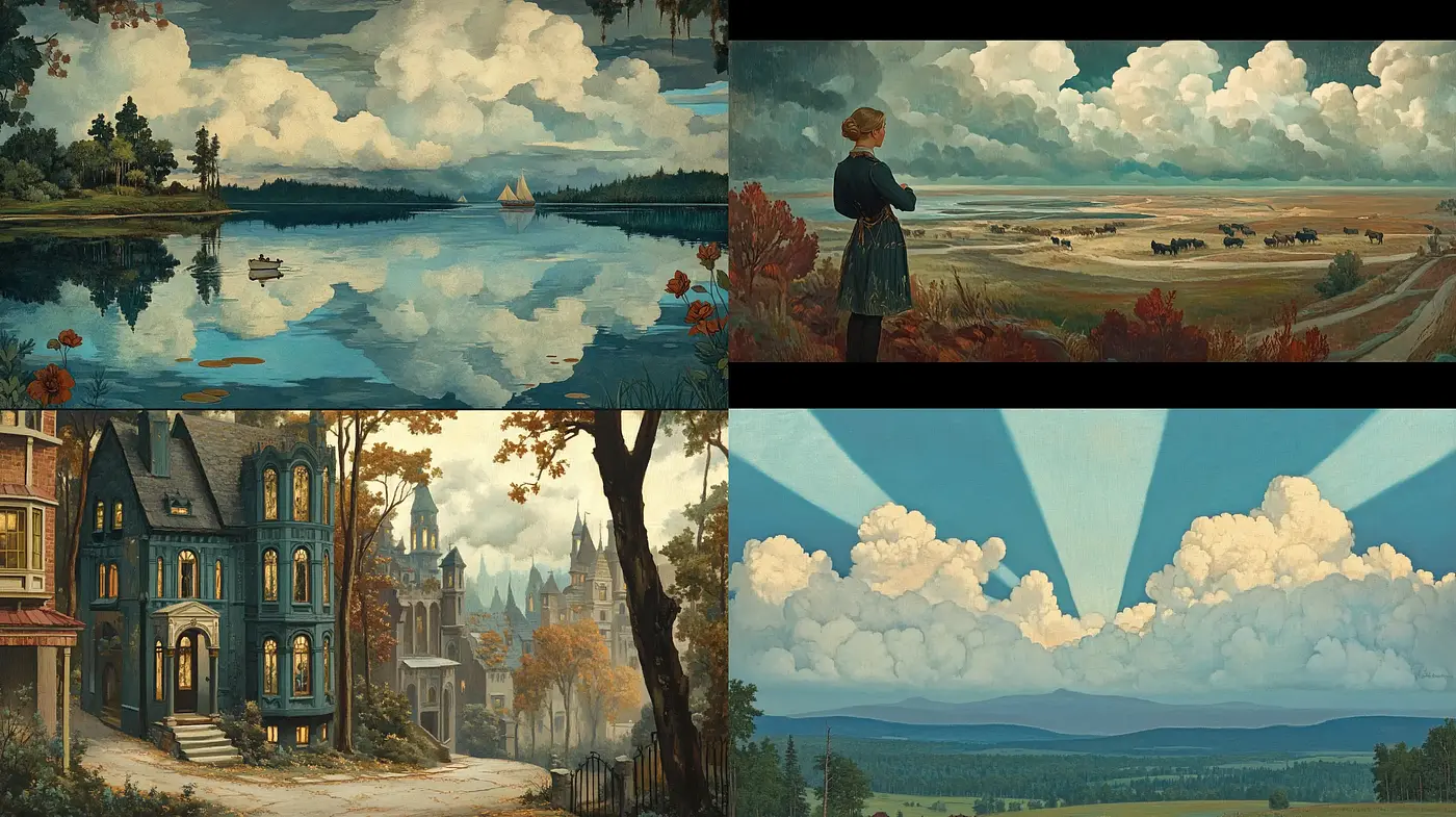 Serene Pastoral Vistas and Enigmatic Victorian Edifices - Midjourney sref style