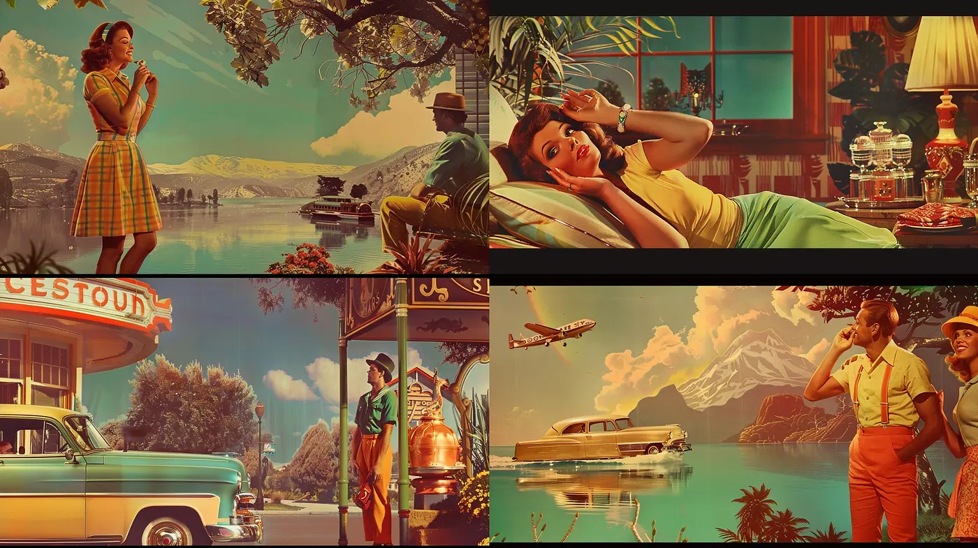 Nostalgic Harmony: A Fusion of Mid-Century Modernism and Magic Realism in Art - Midjourney sref style