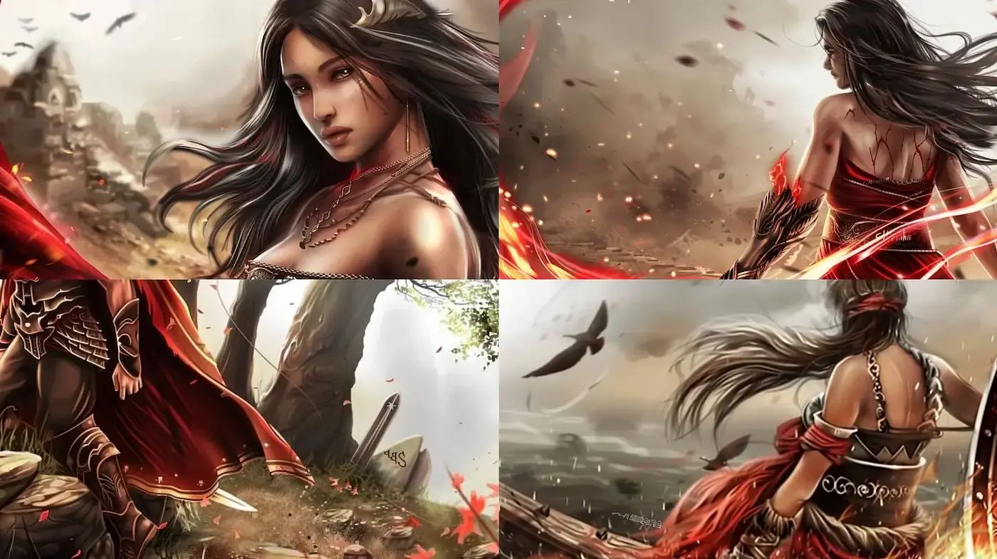 Epic fantasy illustration with dynamic character designs and dramatic landscapes - Midjourney sref style