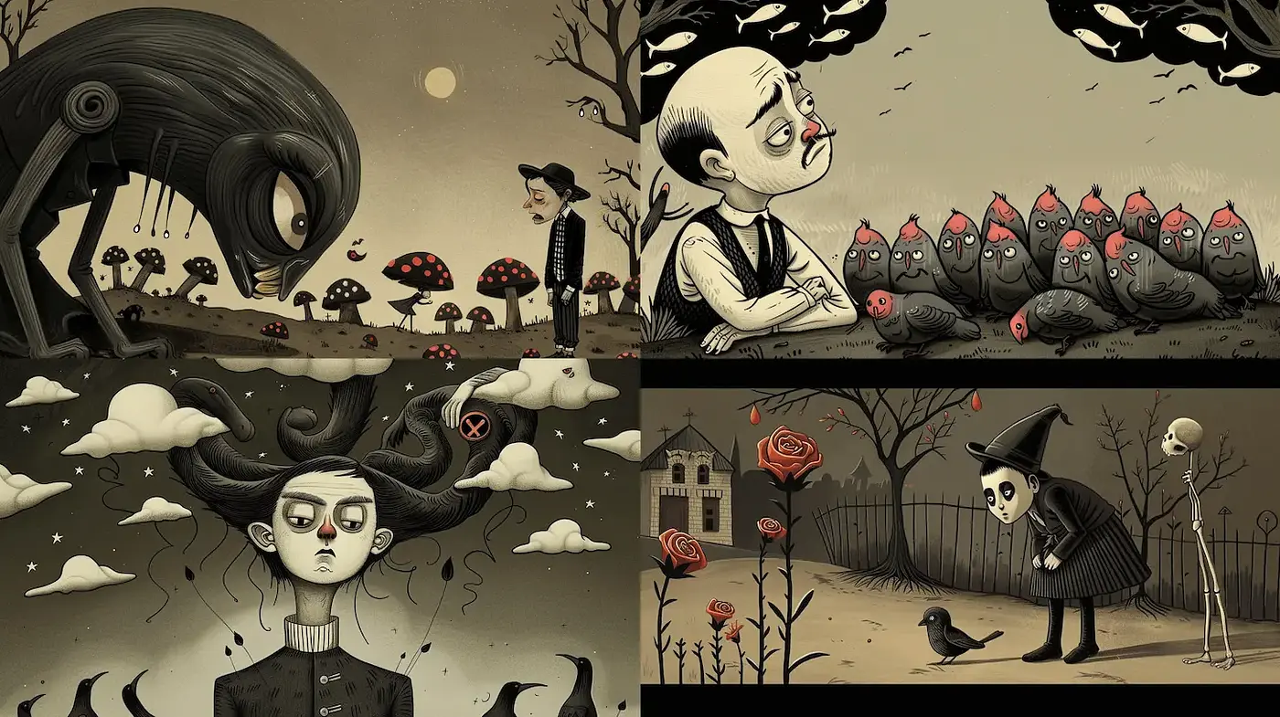 Whimsical yet dark illustrated style reminiscent of gothic animation with surreal elements - Midjourney sref style