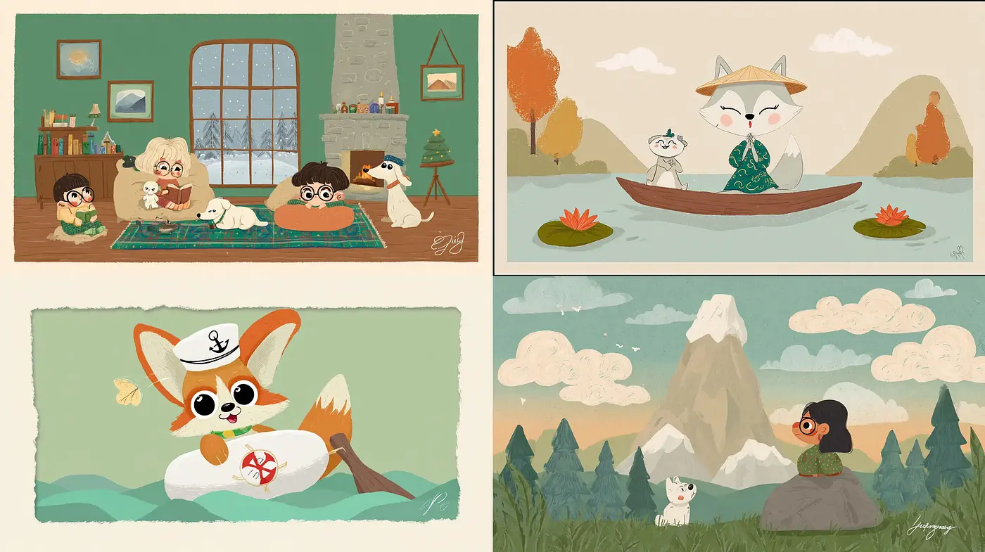Charming and whimsical illustrations with a playful and cozy atmosphere - Midjourney sref style