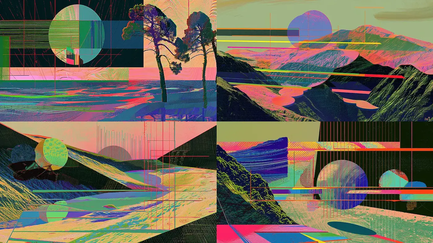 Dynamic and vibrant landscape with geometric elements - Midjourney sref style