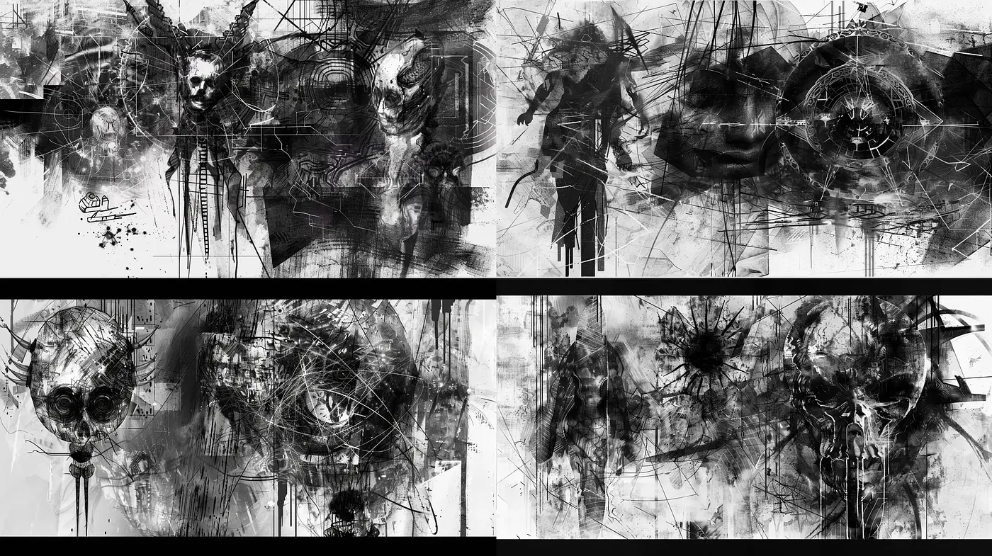 Abstract Chaos in Monochrome: An Exploration of Dark and Intricate Textures - Midjourney sref style