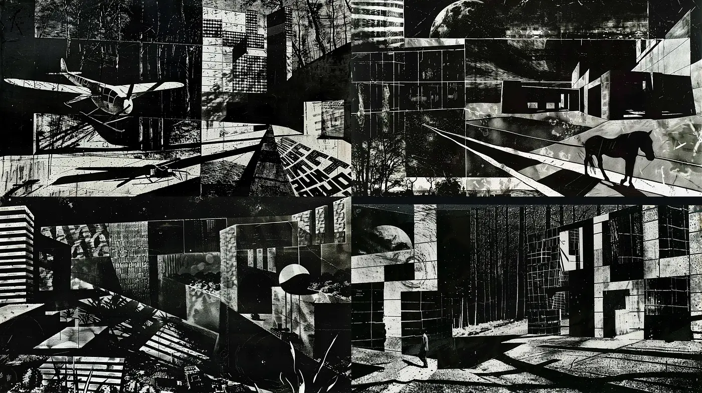 Monochromatic Collage of Abstracted Urban Narrative - Midjourney sref style