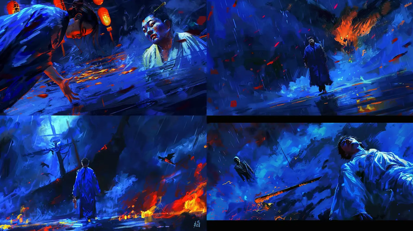 Dynamic Brushstroke Vignettes in a Vivid Blue-Noir Palette - Midjourney sref style
