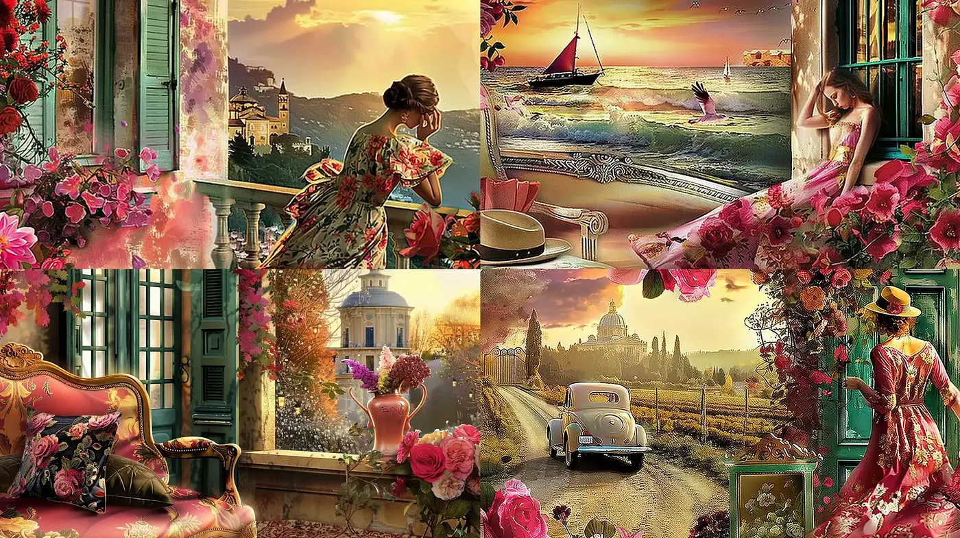 Idyllic Romance in Bloom - A Lush and Vivid Nostalgic Panorama - Midjourney sref style