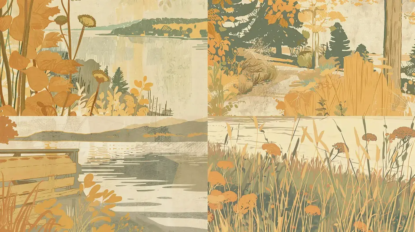 Serene, Nature-Inspired Illustrations with Warm Earthy Tones - Midjourney sref style