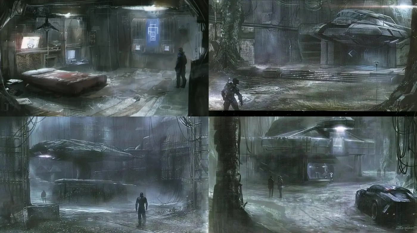 Dystopian Echoes: A Cyberpunk Tableau in Muted Tones - Midjourney sref style
