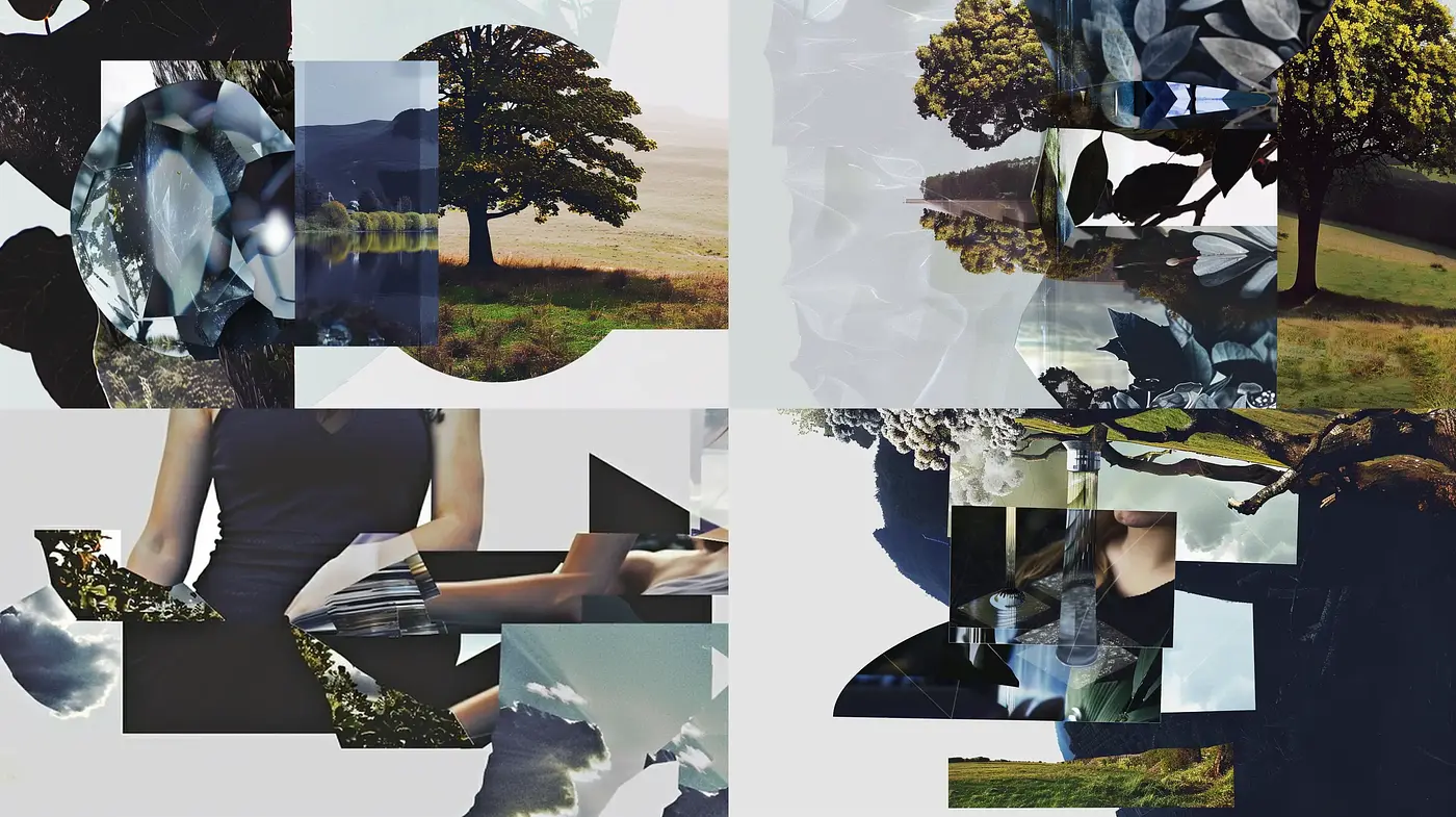 Fragmented Nature and Human Elements in Pastoral Tones - Midjourney sref style