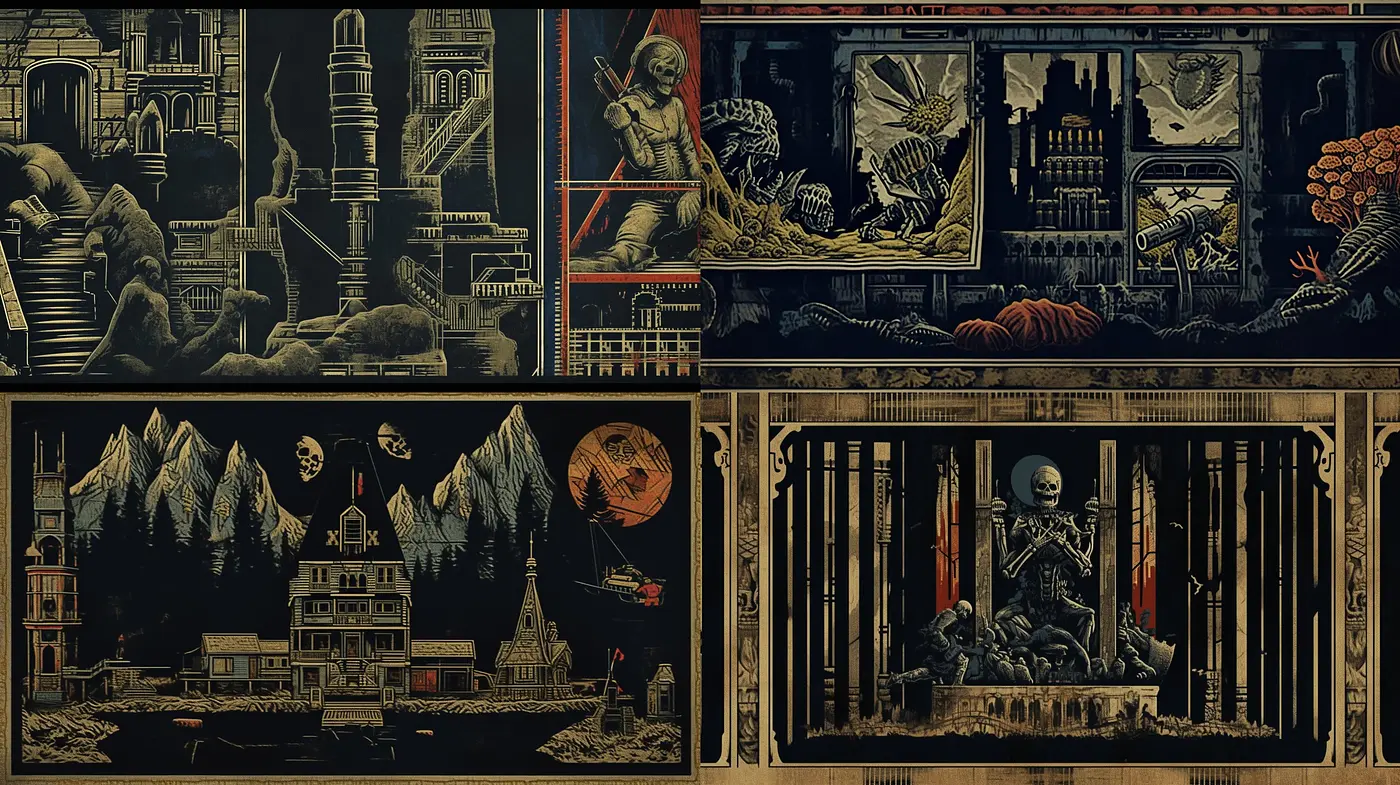 Stylized Noir Tapestries: A Fusion of Dark Hues and Enigmatic Illustrative Storytelling - Midjourney sref style