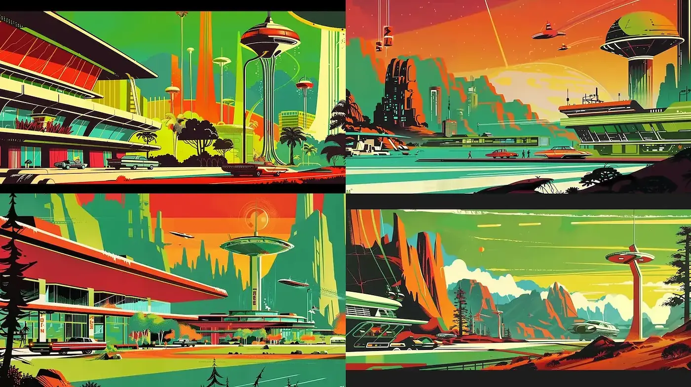 Vibrant Retro-Futuristic Landscape with Palms and Sci-Fi Elements - Midjourney sref style