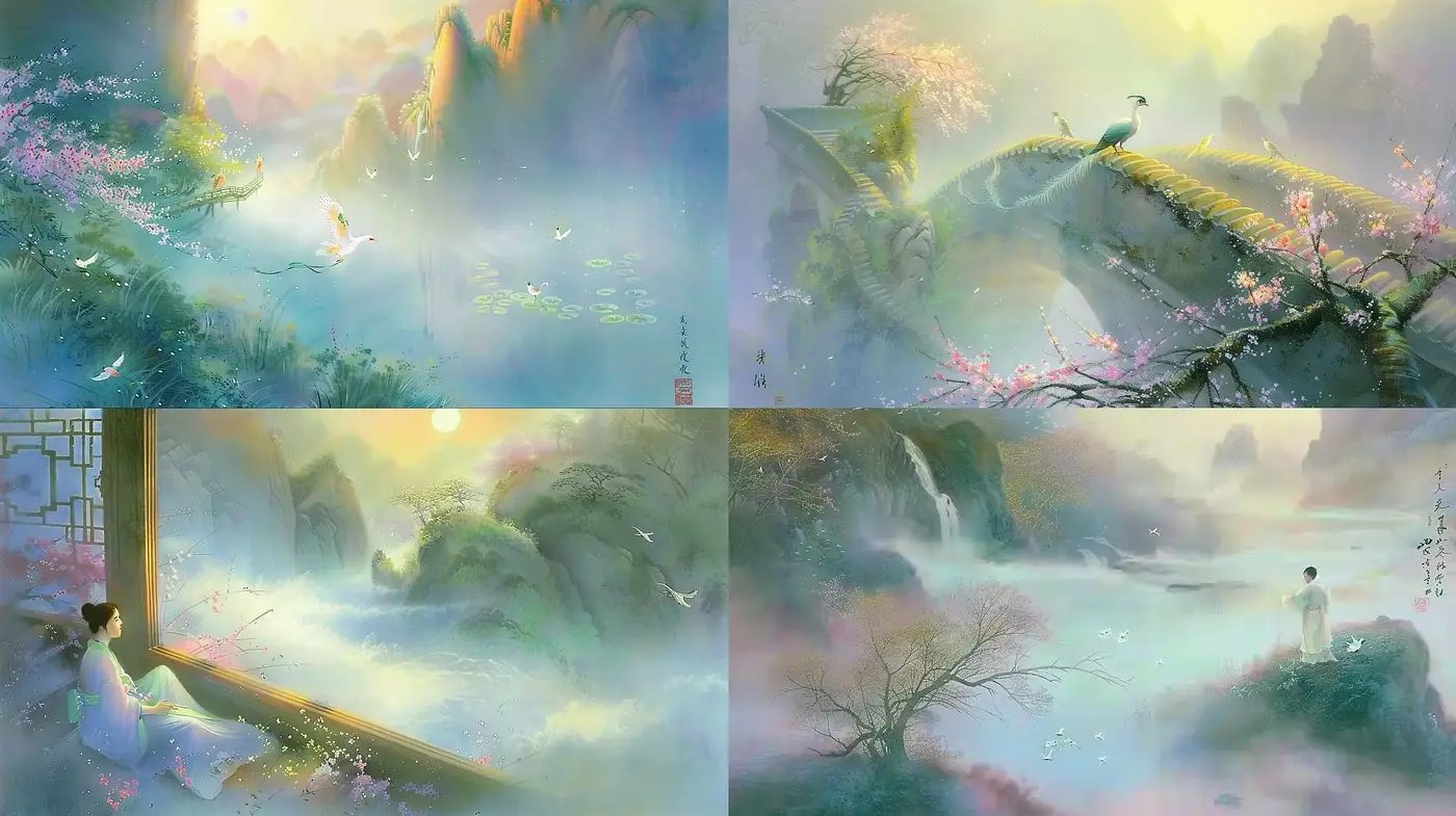 Ethereal Asian-Inspired Dreamscape with Pastel Gossamer Tones - Midjourney sref style