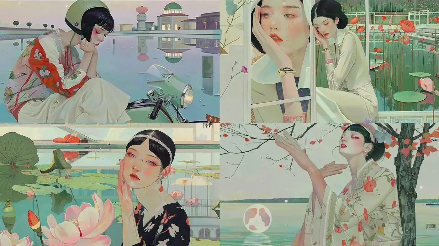 Elegant, dreamy compositions with serene figures in tranquil settings - Midjourney sref style