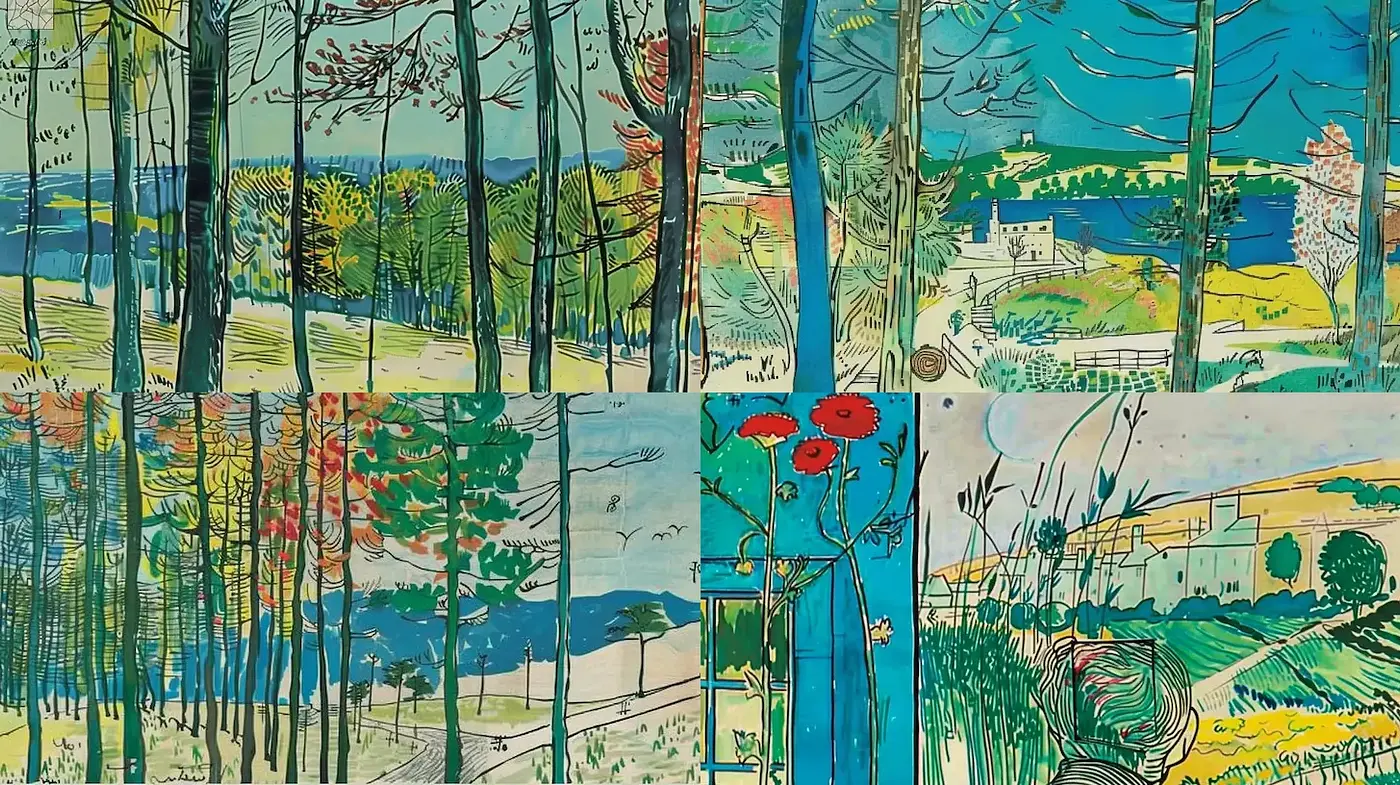 Vibrant Landscapes with Impressionistic Detail and Whimsical Linework - Midjourney sref style