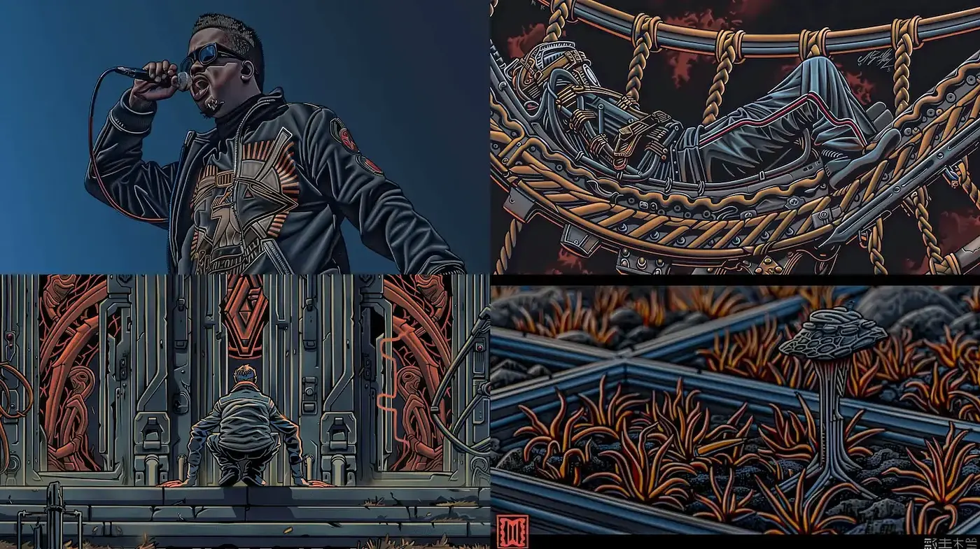 Eclectic Fusion of Retro Futurism and Urban Street Art with a Dark Undertone - Midjourney sref style