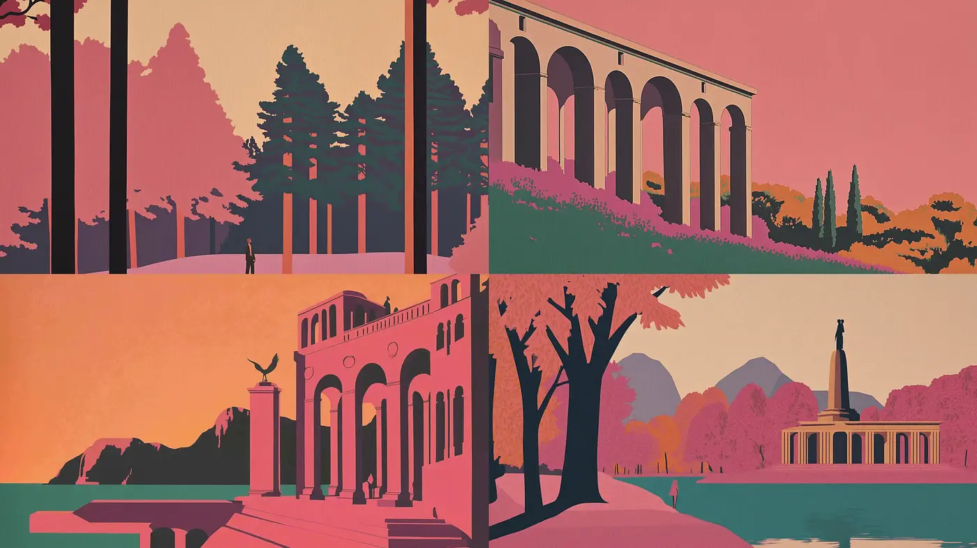 Sunset Hues and Stylized Silhouettes: A Harmonious Blend of Dusk and Architecture - Midjourney sref style