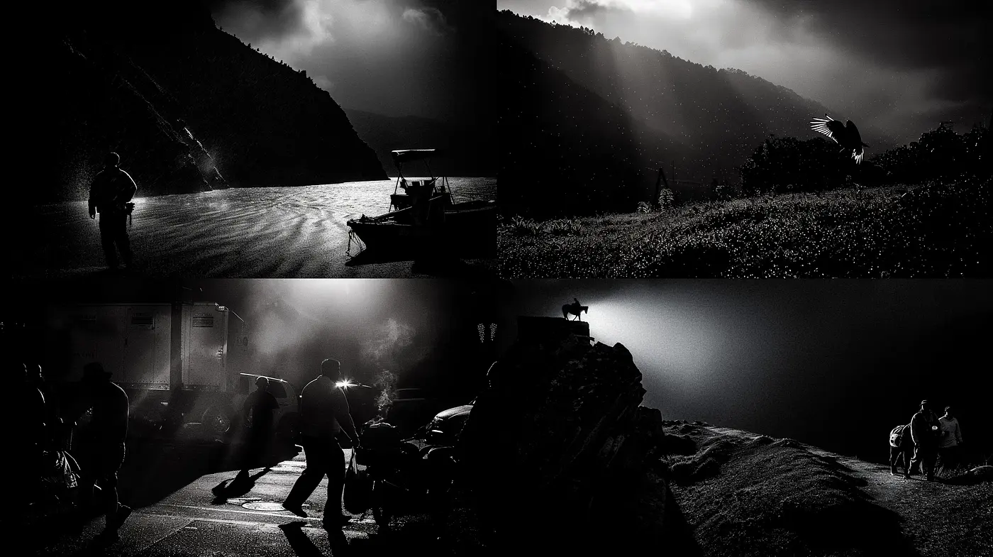 Noir-Inspired Monochromatic Visions of Serenity and Turmoil - Midjourney sref style