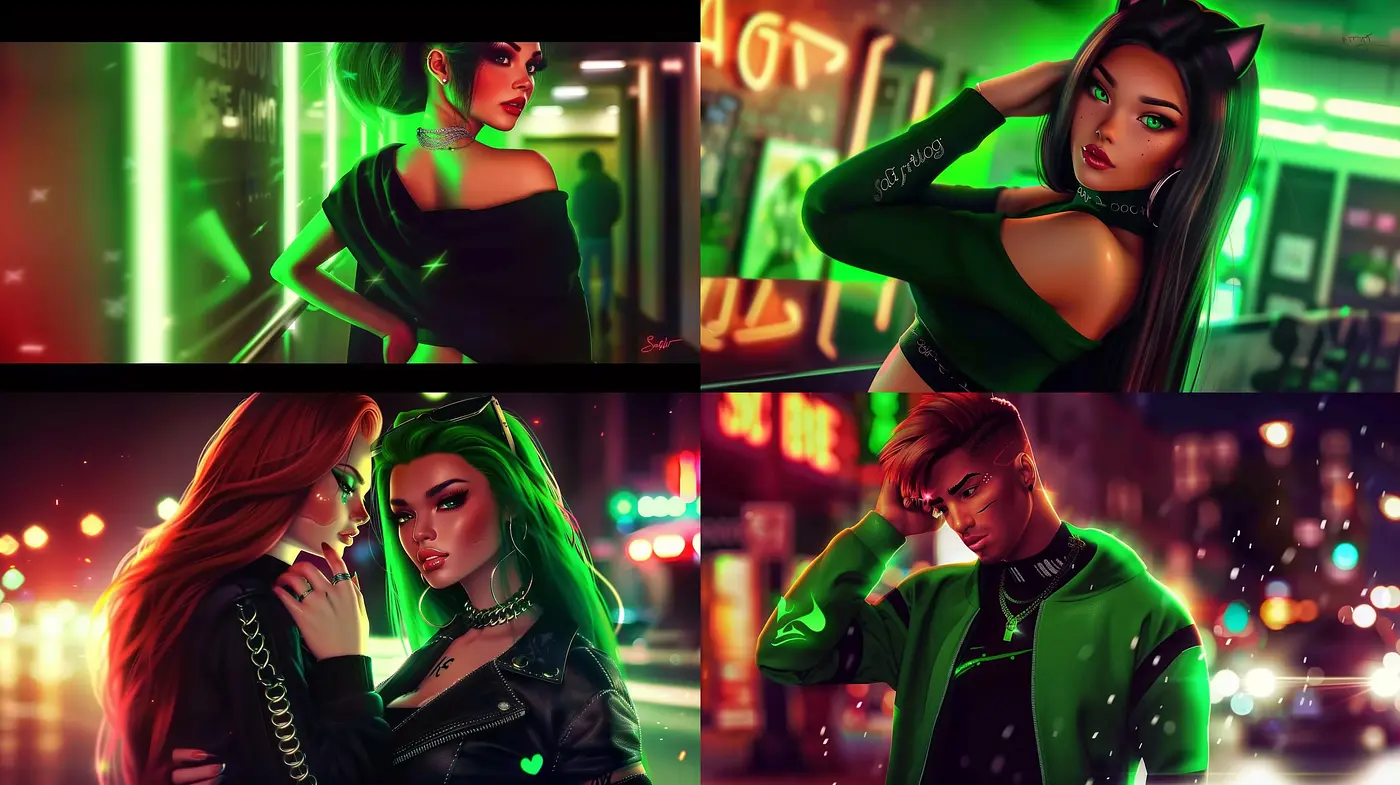 Neon-Noir Allure: A Fusion of Luminescent Contrasts and Urban Sensibilities - Midjourney sref style