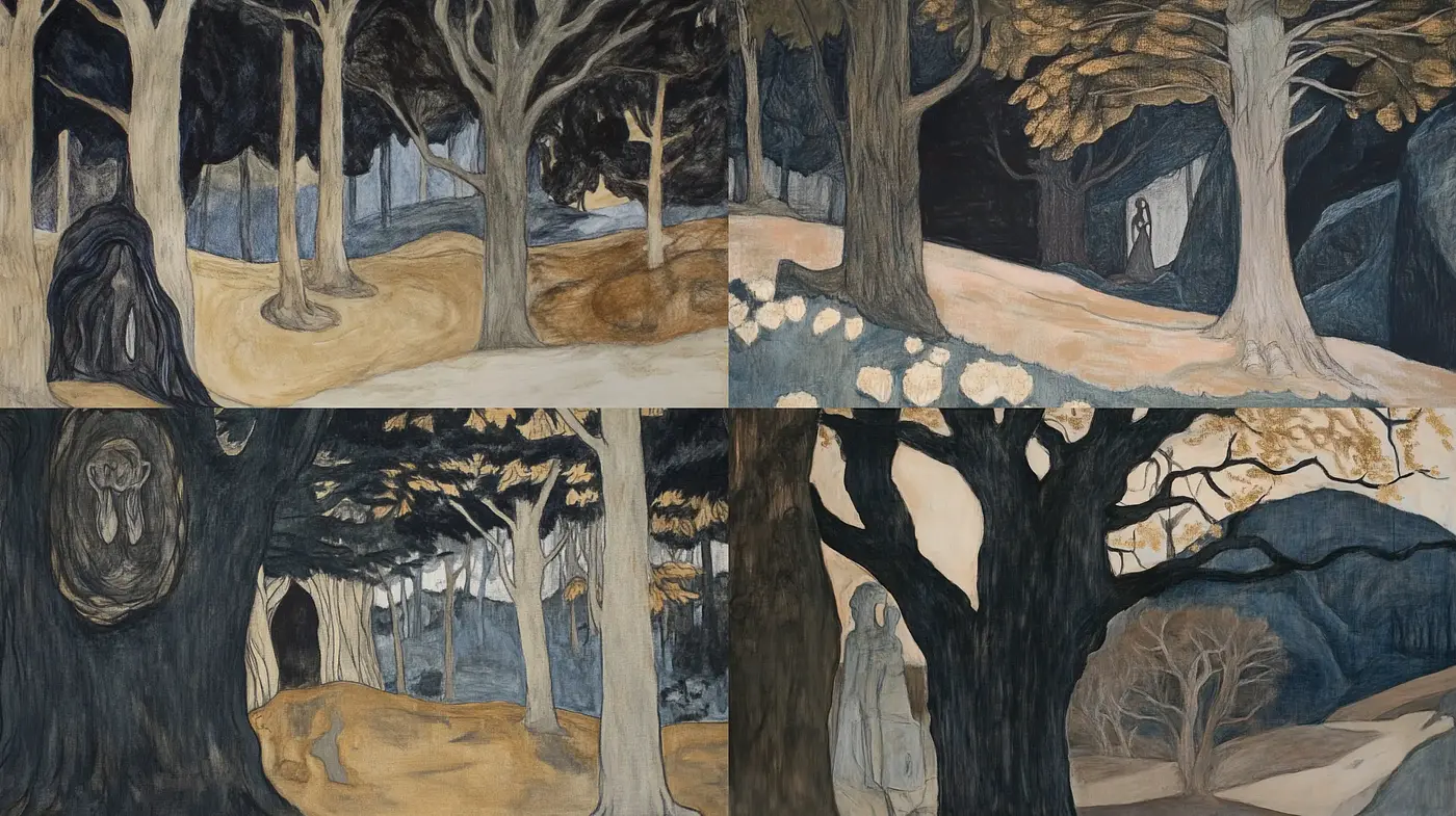 Whispering Shades of Twilight: An Ode to Mysterious Arboreal Hues - Midjourney sref style