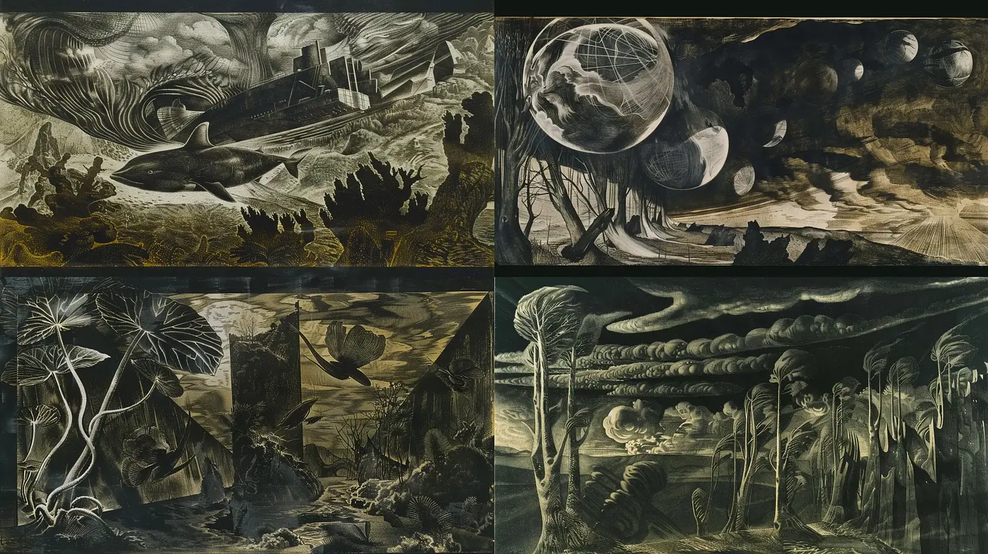 Ephemeral Dreamscape Etchings - Midjourney sref style