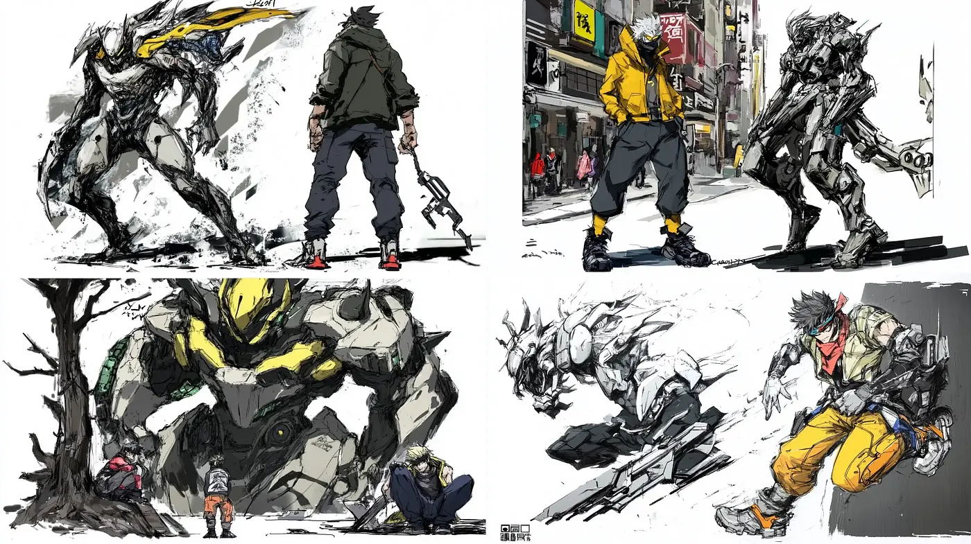 Dystopian Sketchbook: Dynamic Urban Chaos in Ink and Color Wash - Midjourney sref style