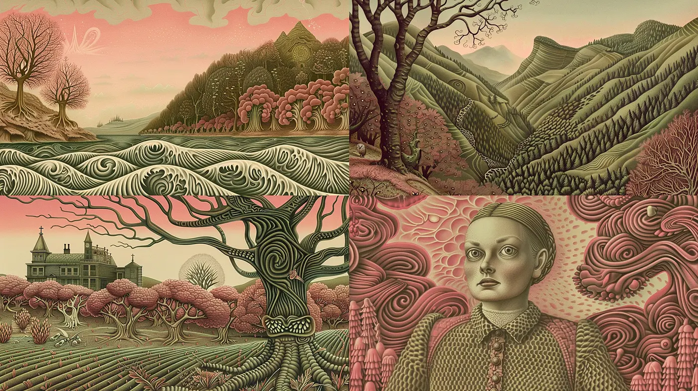 Surrealistic Pastoral Dreamscapes: A Fusion of Organic Textures and Muted Tones - Midjourney sref style