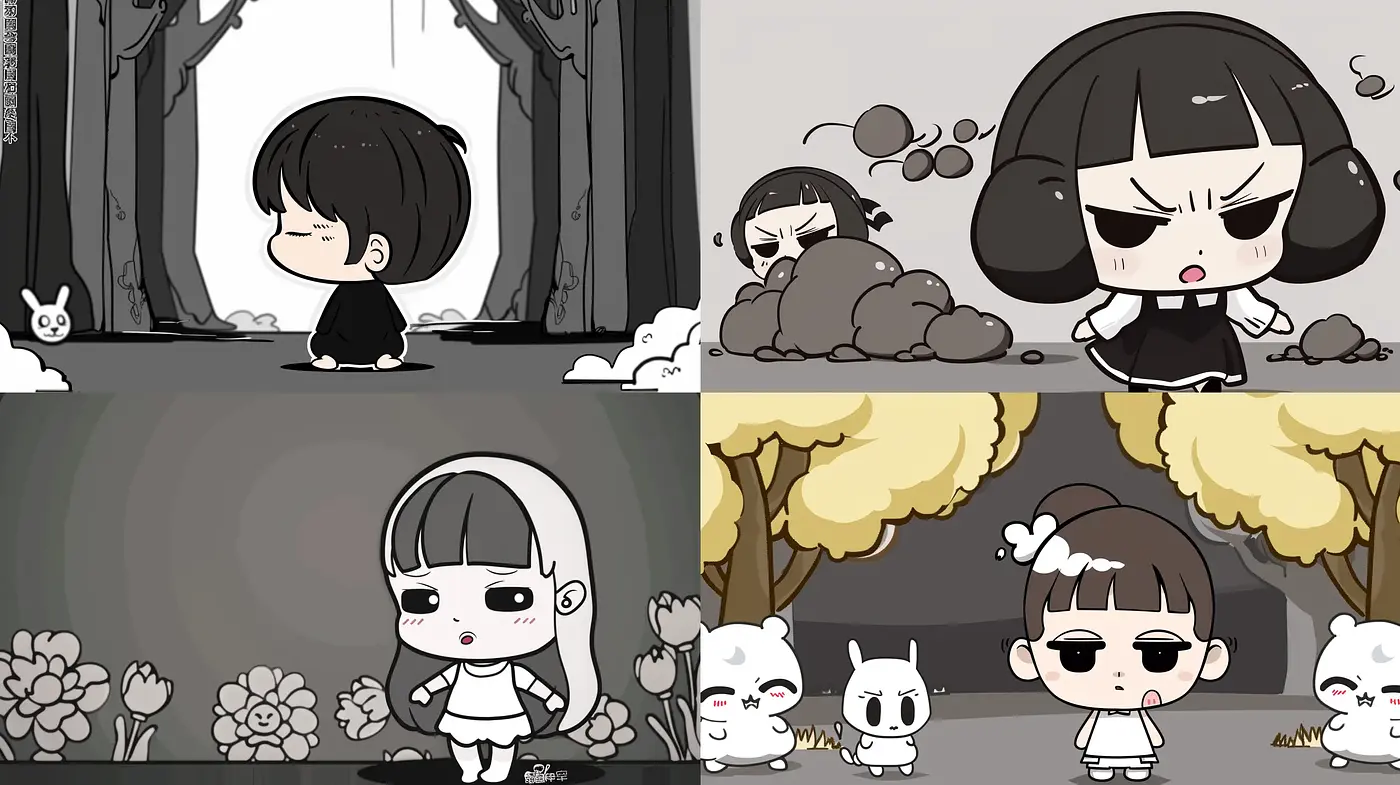 Monochromatic Whimsy: Stylized Cartoon Characters in a Greyscale World - Midjourney sref style