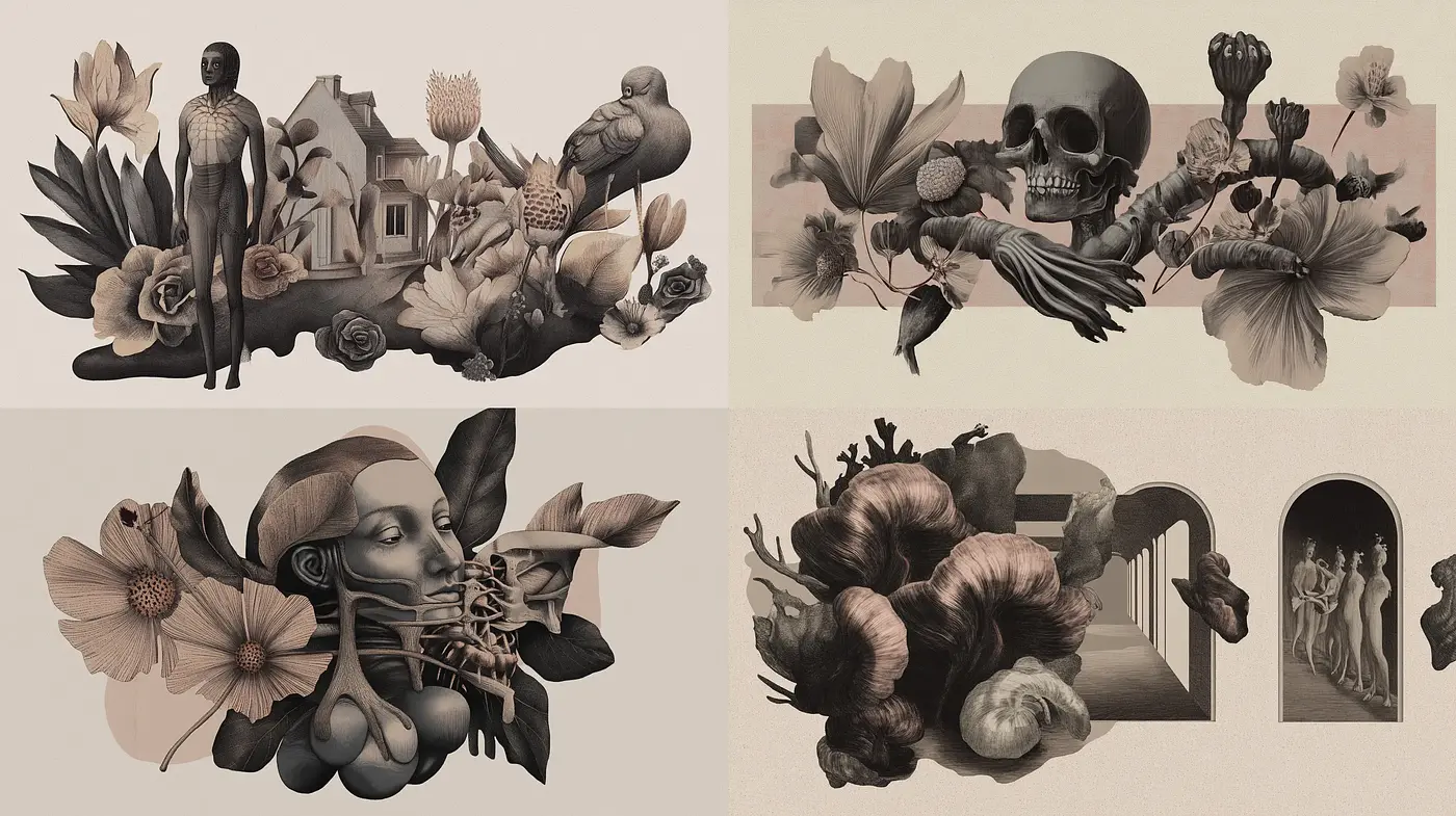 Surreal Botanical Elegance in Monochromatic Sepia - Midjourney sref style