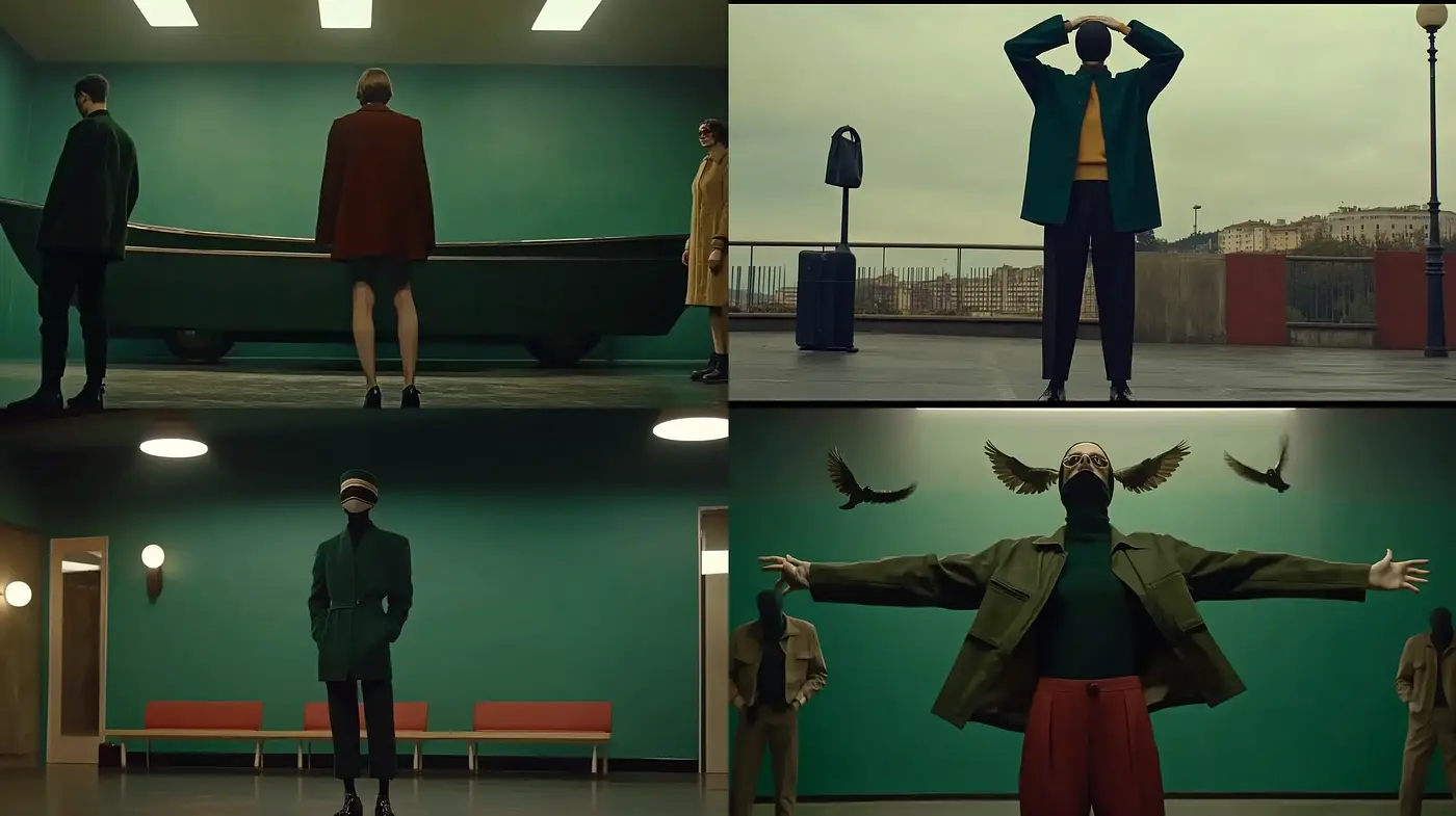 Symmetry and Desaturated Elegance in Modern Cinematic Tableaus - Midjourney sref style